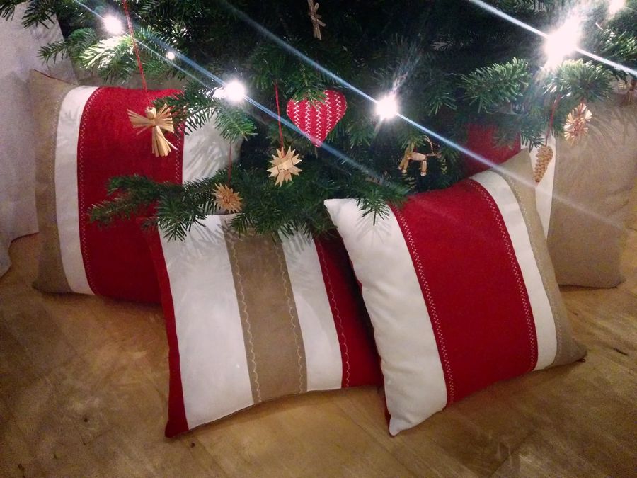 Striped pillows under the Christmas tree